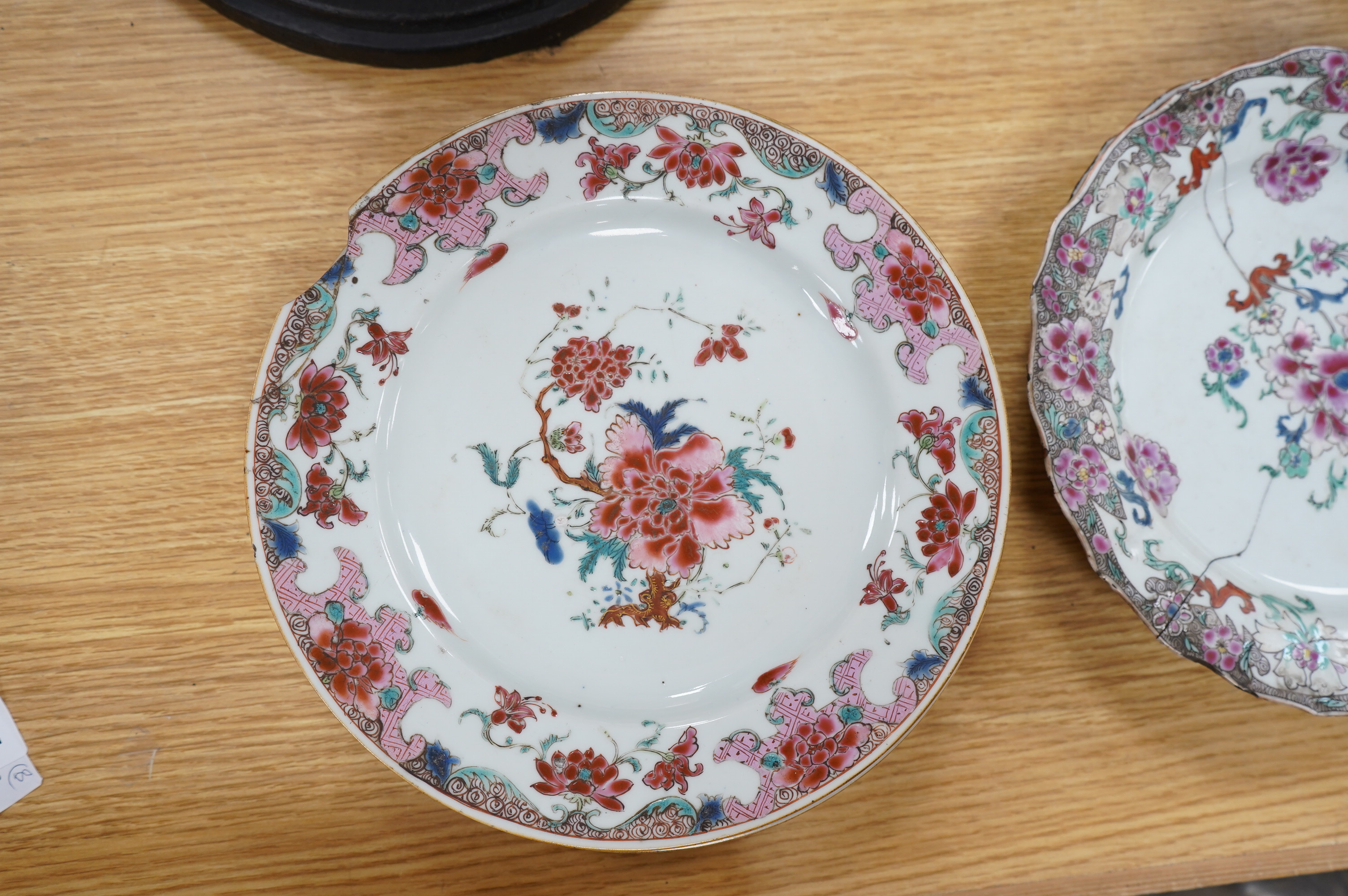 A set of five Chinese porcelain famille rose dishes, diameter 22.5cm, and three others (8). Condition - poor, significant damage to many.